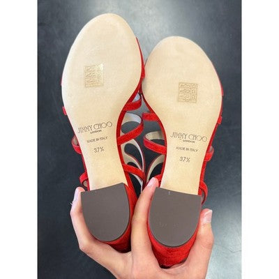 JIMMY CHOO London Suede Ren Gladiator Red Zip Sandals (New w/Box) Sz. 37 1/2
