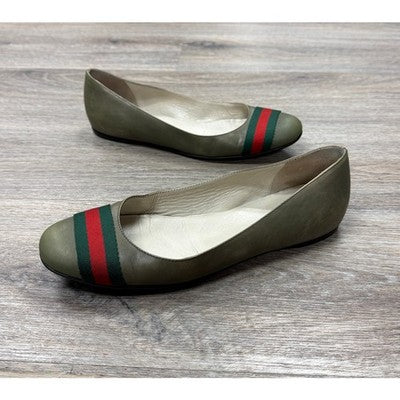 SOLD! Vintage Y2K GUCCI Web Strap Leather Round Tor Ballet Flats Sz. 39