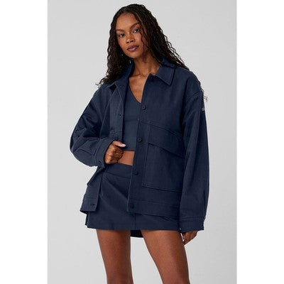 SOLD! alo Yoga Navy Blue Button Up Oversized One Up Unisex Boxy Cotton Jacket - Small