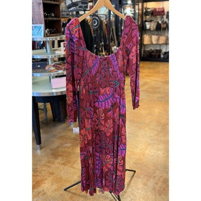 FARM RIO Red & Purple Delicate Leaves Maxi / Midi Long Sleeve Dress New! - XL