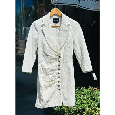 retrofete White Vtg. Lambskin Leather Willa Ruched Assym. Button Mini Dress - X-Small