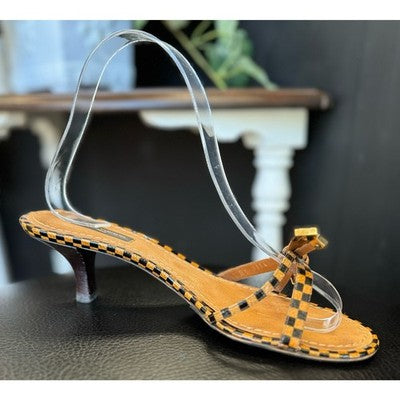 SOLD! LOUIS VUITTON Paris Damier Mule Brown Leather Slide Kitten Heel Sandal Heels Sz. 37