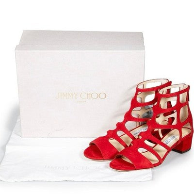 JIMMY CHOO London Suede Ren Gladiator Red Zip Sandals (New w/Box) Sz. 37 1/2