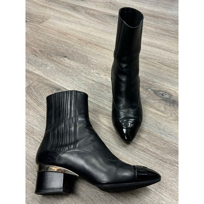 CHANEL Black Lambskin Leather Elastic Cap Toe Short Ankle Boots Sz. 37