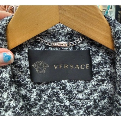 VERSACE Black & Grey Button Up Wool Blend 304 Sleeve Zip Accent Coat - Small