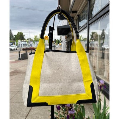 BALENCIAGA PARIS Cabas Cream & Yellow Canvas & Leather Tote Bag w/Pouchette