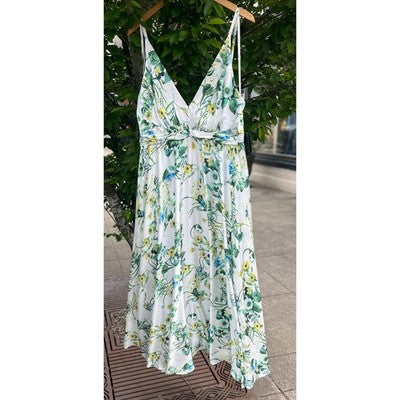 IEENA for MAC DUGGAL White & Green Floral Strappy V-Neck Maxi Gown New Sz. 16