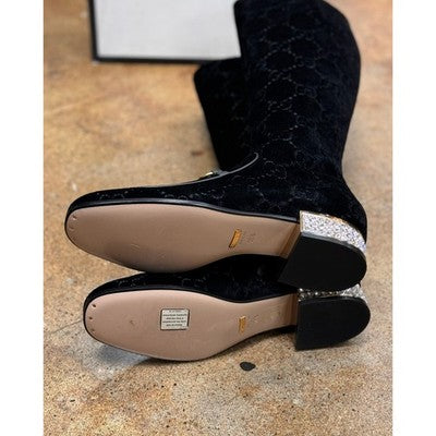 SOLD! GUCCI Black Velvet Monogram Horsebit Malaga Knee-High Crystal Boots NEW Sz. 38 1/2
