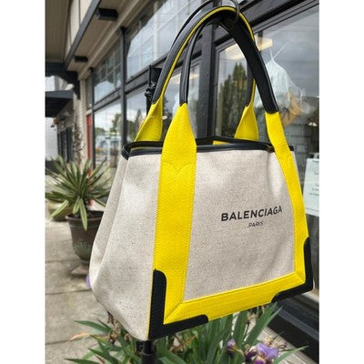 BALENCIAGA PARIS Cabas Cream & Yellow Canvas & Leather Tote Bag w/Pouchette
