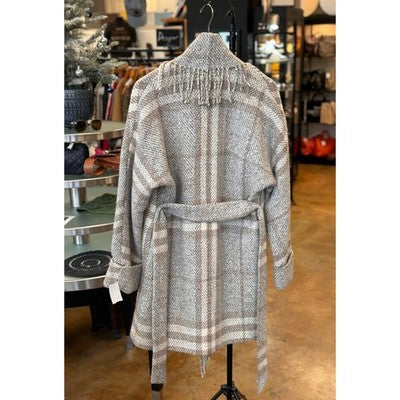 BURBERRY Tweed Nova Pleated Fringe Wool Alpaca Silk Lined Belted Cardigan Jacket Sz. 2
