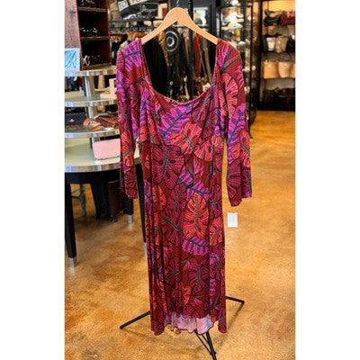 FARM RIO Red & Purple Delicate Leaves Maxi / Midi Long Sleeve Dress New! - XL