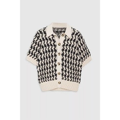 ANINE BING Black Cream Button Up Cotton Knit Short Sleeve Tommy Sweater - Medium