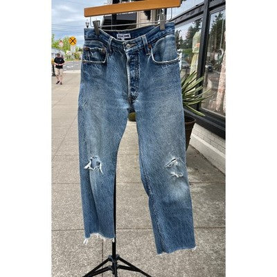 LEVI'S RE/DONE Blue Denim Raw Hem 5 Button Fly Distressed Jeans Sz. 26