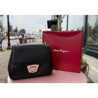 SOLD! Salvatore Ferragamo Black Leather Shoulder Gancini Luisa Nero Calf Bag w/Box