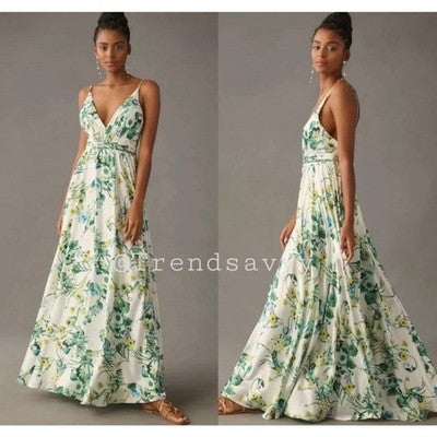 IEENA for MAC DUGGAL White & Green Floral Strappy V-Neck Maxi Gown New Sz. 16