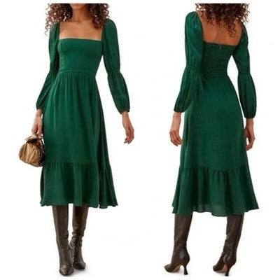 REFORMATION Sz. 12 Emerald Green Mica Long Sleeve Midi Dress New w/Tag