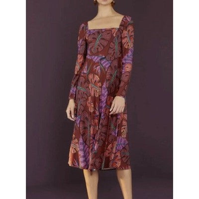 FARM RIO Red & Purple Delicate Leaves Maxi / Midi Long Sleeve Dress New! - XL