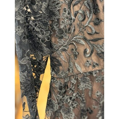 MARCHESA NOTTE Black & Tan Floral Lace Long Sleeve Maxi Dress / Gown SZ. 2