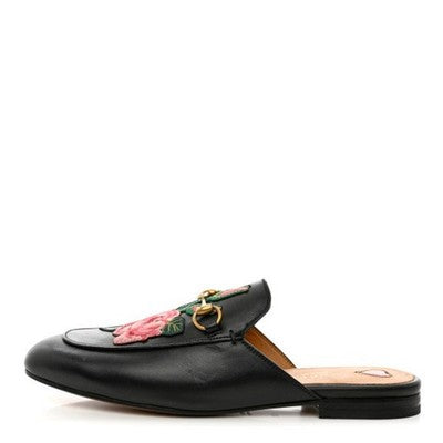 GUCCI Princetown Leather Mules Embroidered Floral Horse bit Flats (New w/box) Sz. 36
