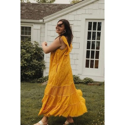 PAYAL JAIN Yellow Embroidered Sleeveless Floral Fallon Eyelet Maxi Dress Sz. 12