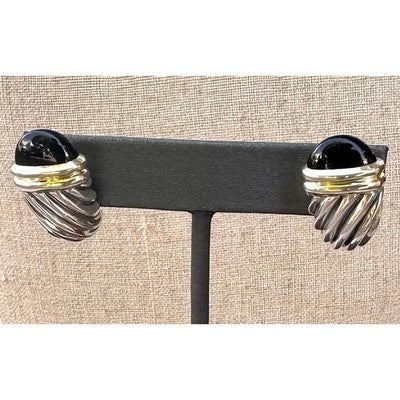 SOLD! DAVID YURMAN Sterling Silver 14K. Yellow Gold Onyx Shrimp Cable Vintage Earrings
