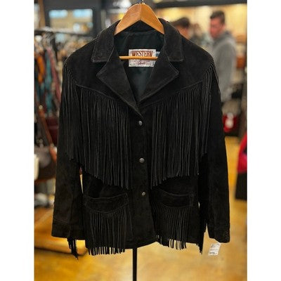 Schott Western Black Long Fringe Leather Jacket Vintage 80's Sz. 12 - Medium