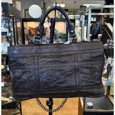 BE & D Brown Leather Satchel Tote Chain Top Zip Bag