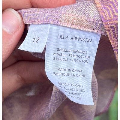 ULLA JOHNSON Sz. 12 Pink & Cream Livana Blouse Puff Sleeve Silk / Cott