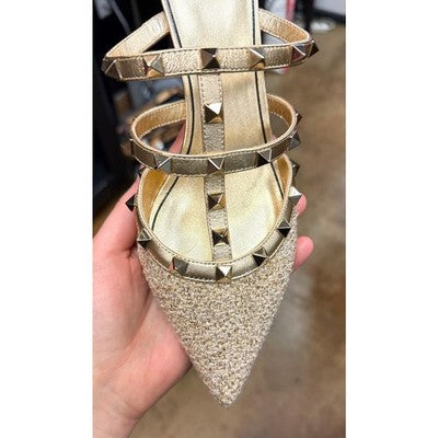 VALENTINO Garavino Rockstud Metallic Boucle Pointed Toe Mules Heels (New) Sz. 9 1/2