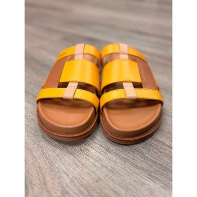 BURBERRY Yellow & Tan Thelma Color Block Leather Slides Sandals Sz. 37
