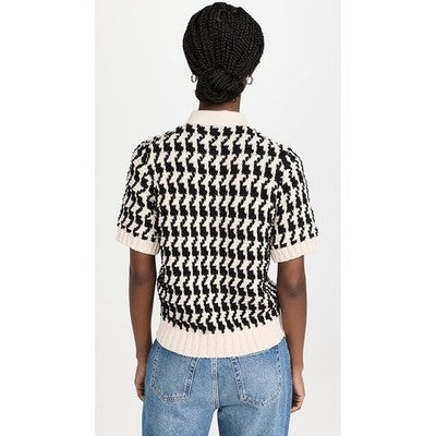 ANINE BING Black Cream Button Up Cotton Knit Short Sleeve Tommy Sweater - Medium