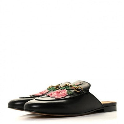 GUCCI Princetown Leather Mules Embroidered Floral Horse bit Flats (New w/box) Sz. 36