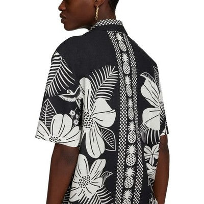 FARM RIO Black & White Macaw Elegance Unisex Button Down Floral/Hawaiian Shirt NEW - Large