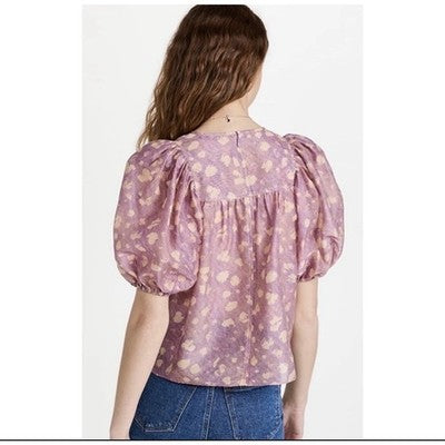 ULLA JOHNSON Sz. 12 Pink & Cream Livana Blouse Puff Sleeve Silk / Cott