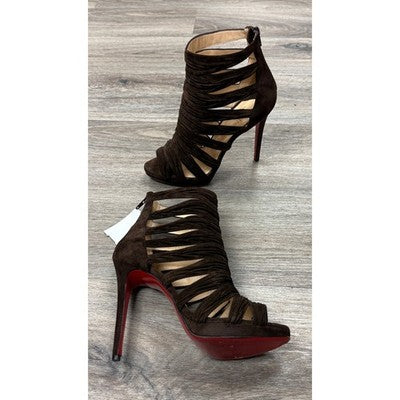SOLD! Louboutin Brown Suede Strappy Caged Ankle Booties Sandals Peep Toe Heels Sz. 39