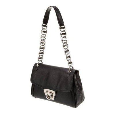 SOLD! Salvatore Ferragamo Black Leather Shoulder Gancini Luisa Nero Calf Bag w/Box