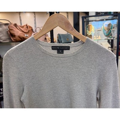 Ralph Lauren Grey Black Label Leather Elbow Panel Cashmere Sweater - Medium