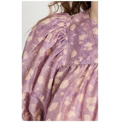 ULLA JOHNSON Sz. 12 Pink & Cream Livana Blouse Puff Sleeve Silk / Cott
