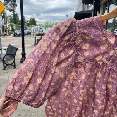 ULLA JOHNSON Sz. 12 Pink & Cream Livana Blouse Puff Sleeve Silk / Cott