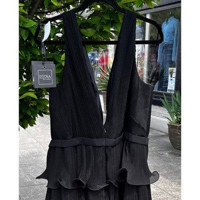 IEENA for MAC DUGGAL Black Ruffle Tiered V Neck Gown Basic Band Waist New Sz. 16