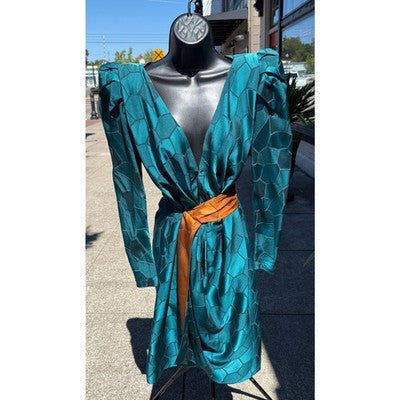 Vintage 80’s (Dynasty Era! Andrea Odicini Turquoise & Brown Silk Martha Palm Beach Dress Sz. 40/8