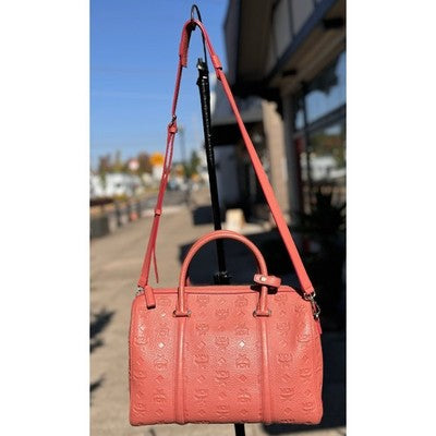SOLD! MCM Mauve Calfskin Visetos Leather Embossed Monogram Boston Satchel Handbag