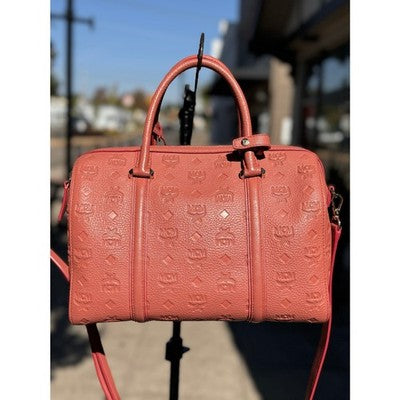 SOLD! MCM Mauve Calfskin Visetos Leather Embossed Monogram Boston Satchel Handbag