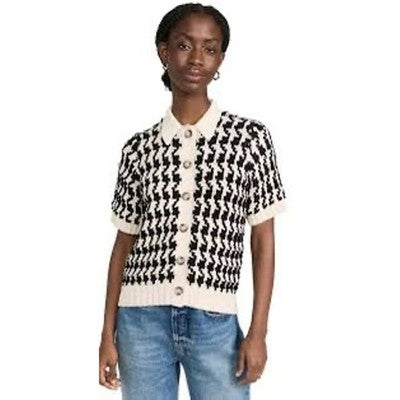 ANINE BING Black Cream Button Up Cotton Knit Short Sleeve Tommy Sweater - Medium