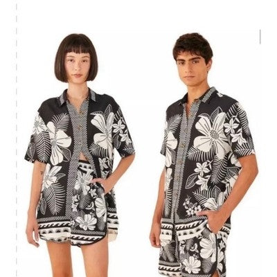 FARM RIO Black & White Macaw Elegance Unisex Button Down Floral/Hawaiian Shirt NEW - Large