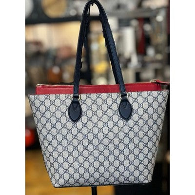 GUCCI GG Supreme Large Navy Blue Monogram & Red Leather Tote Shoulder Bag