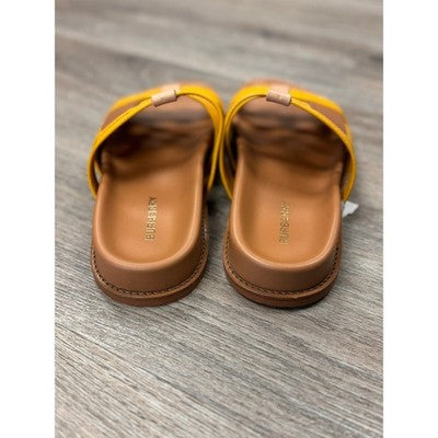 BURBERRY Yellow & Tan Thelma Color Block Leather Slides Sandals Sz. 37