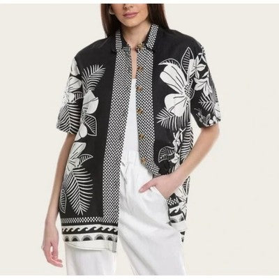 FARM RIO Black & White Macaw Elegance Unisex Button Down Floral/Hawaiian Shirt NEW - Large