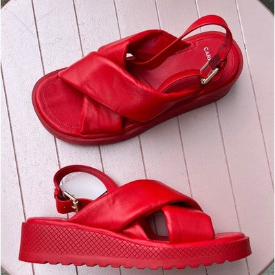 SOLD! CARRANO Red Quilted Leather Cross Ankle Buckle Strap Platform Sandals Sz. 8O