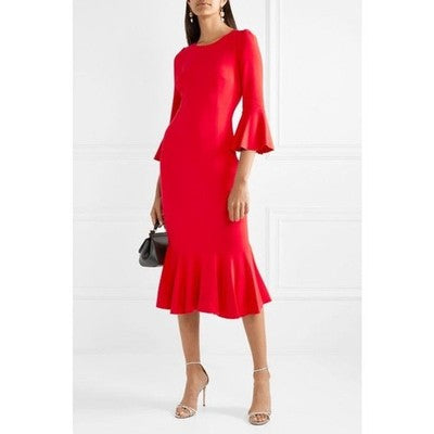 SOLD! Dolce & Gabbana Red Flare Sleeve Midi Viscose Lined Sheath Dress - Medium
